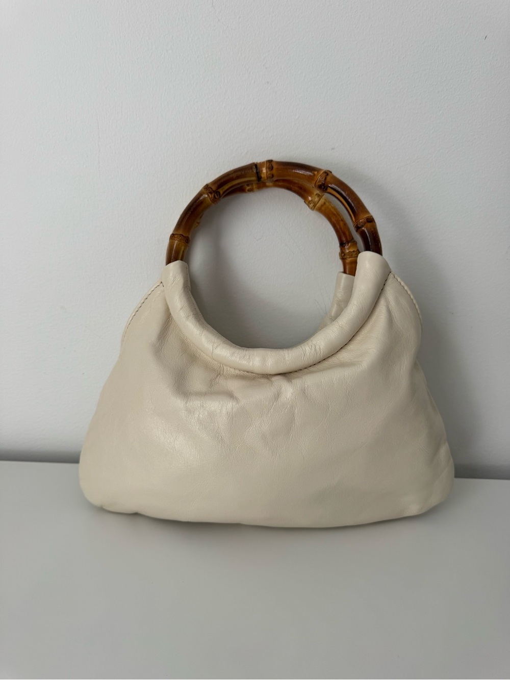 Italian Leather Cream Handbag with Bamboo Handles